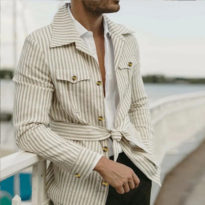 Men's Striped Button Down Shirt Cotton With Pockets