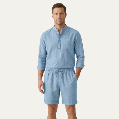 Men's Cotton Linen Shirt And Shorts Set