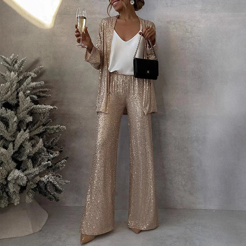 Women's Sequin Two-Piece High-Waisted Pants Set