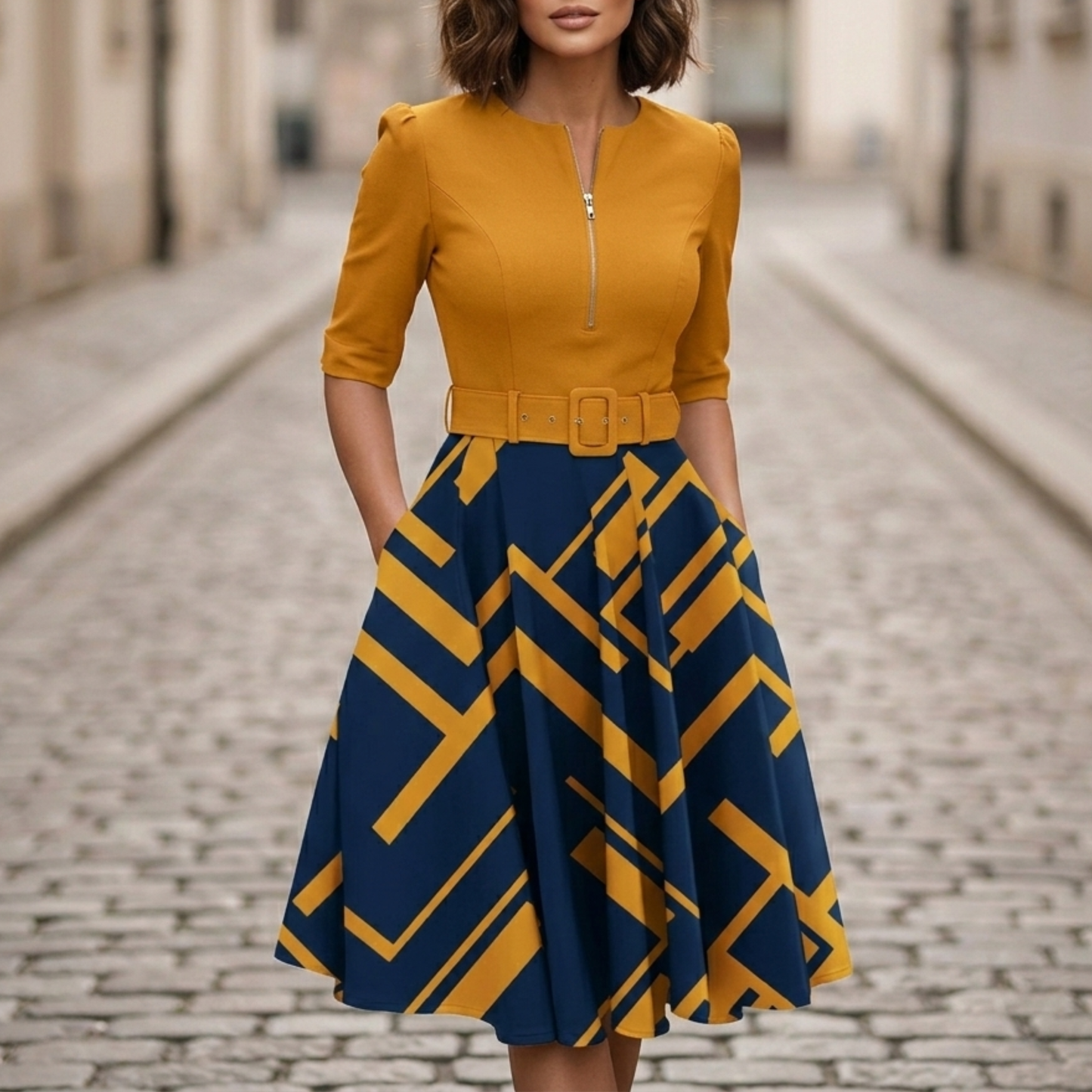 Zip Front Belted Dress Midi Printed Women