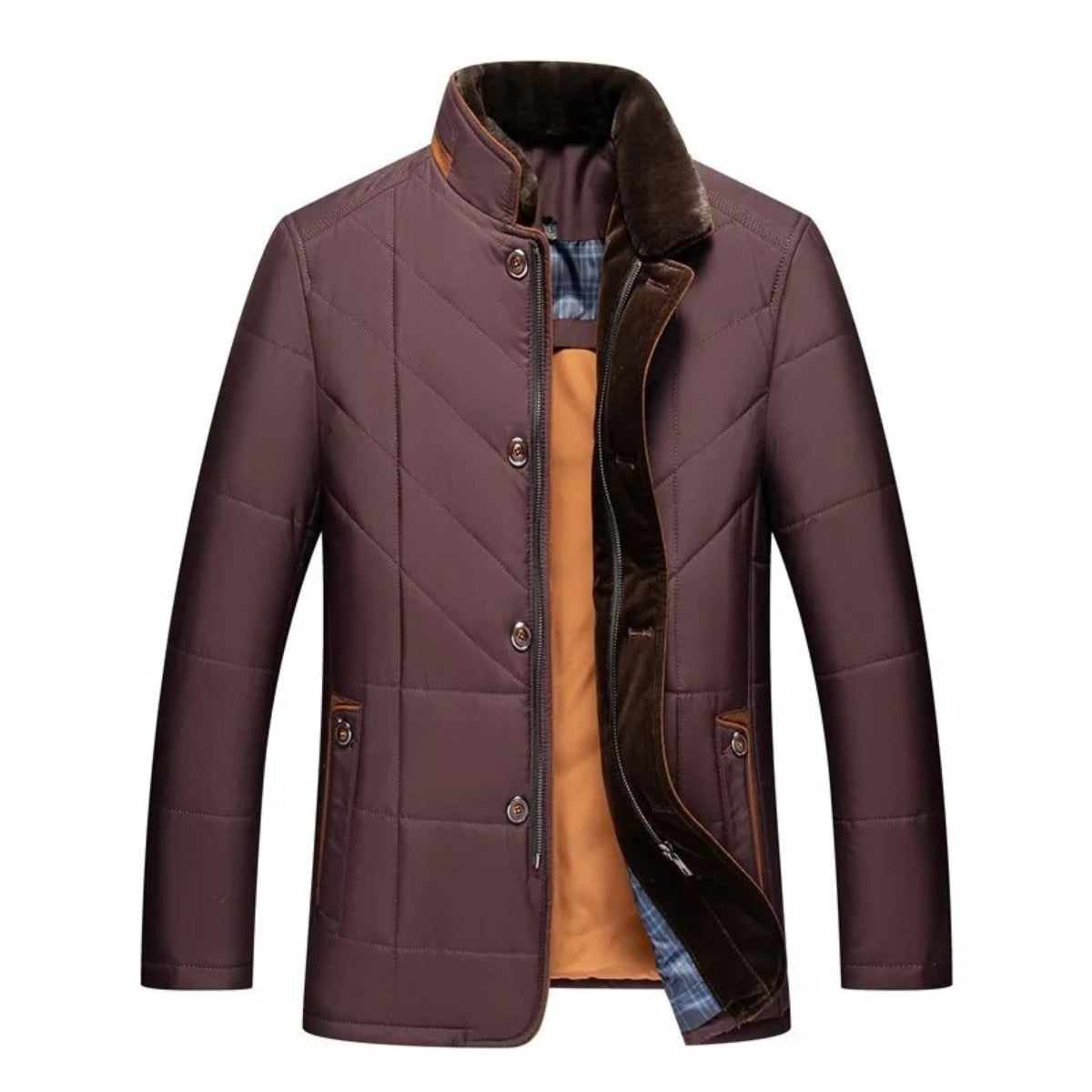 Men's Quilted Winter Jacket Zipper Front With Pockets