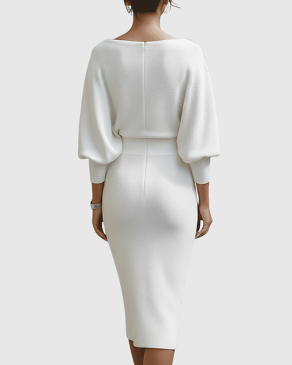 Women's Ribbed Cowl Neck Long Sleeve Midi Dress