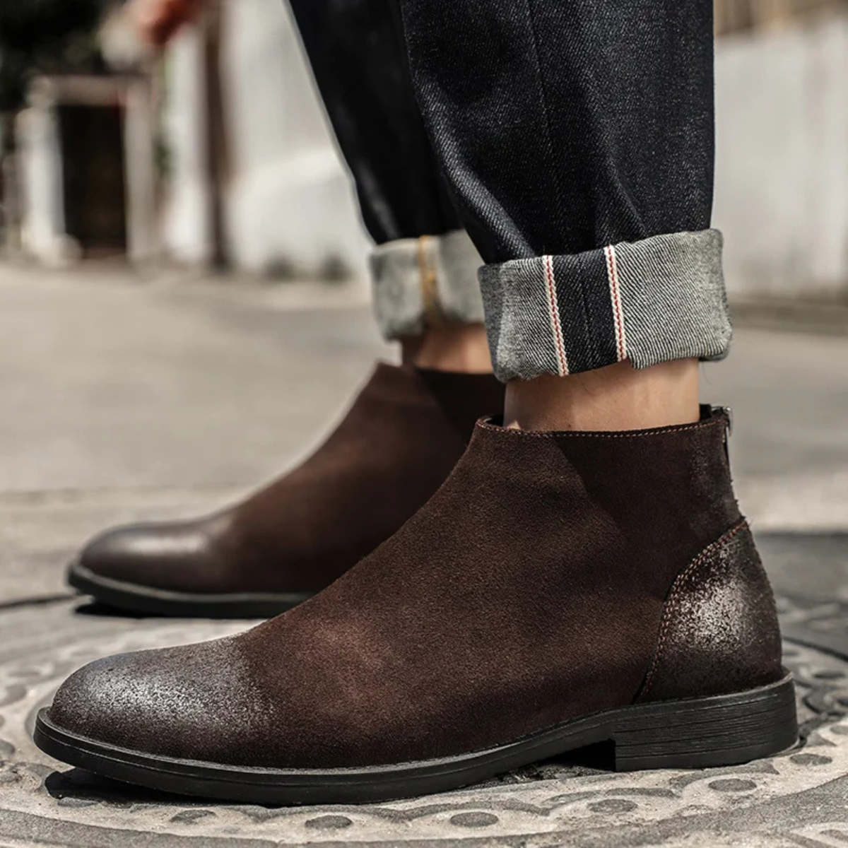 Men's Leather Suede Chelsea Boots Zipper Brown
