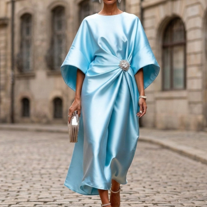 Evening Dress Women Satin Midi Cape Sleeve