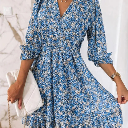Women's Floral Mini Dress V-Neck Puff Sleeves