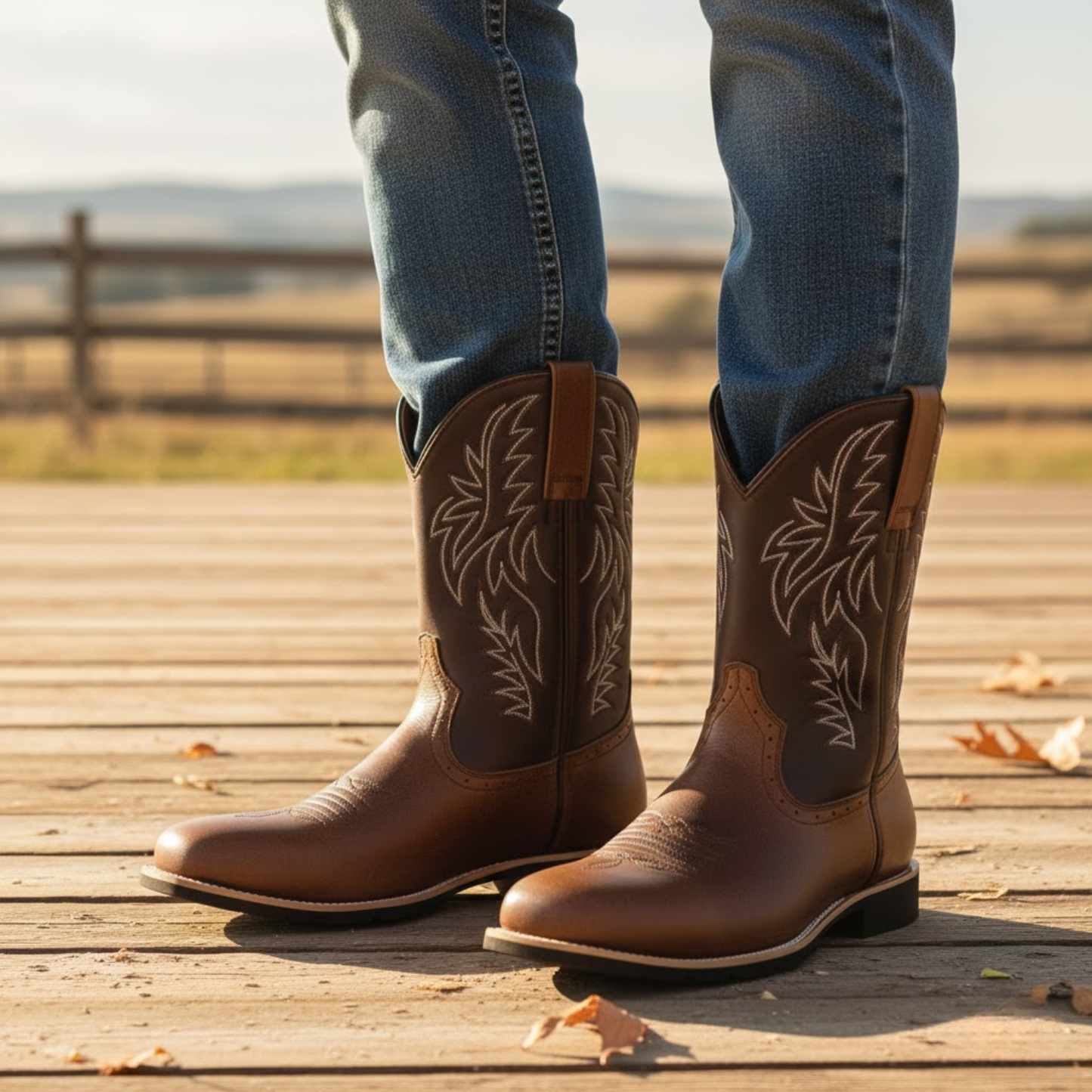 Rugged Mens Cowboy Boots with Embroidery Detail