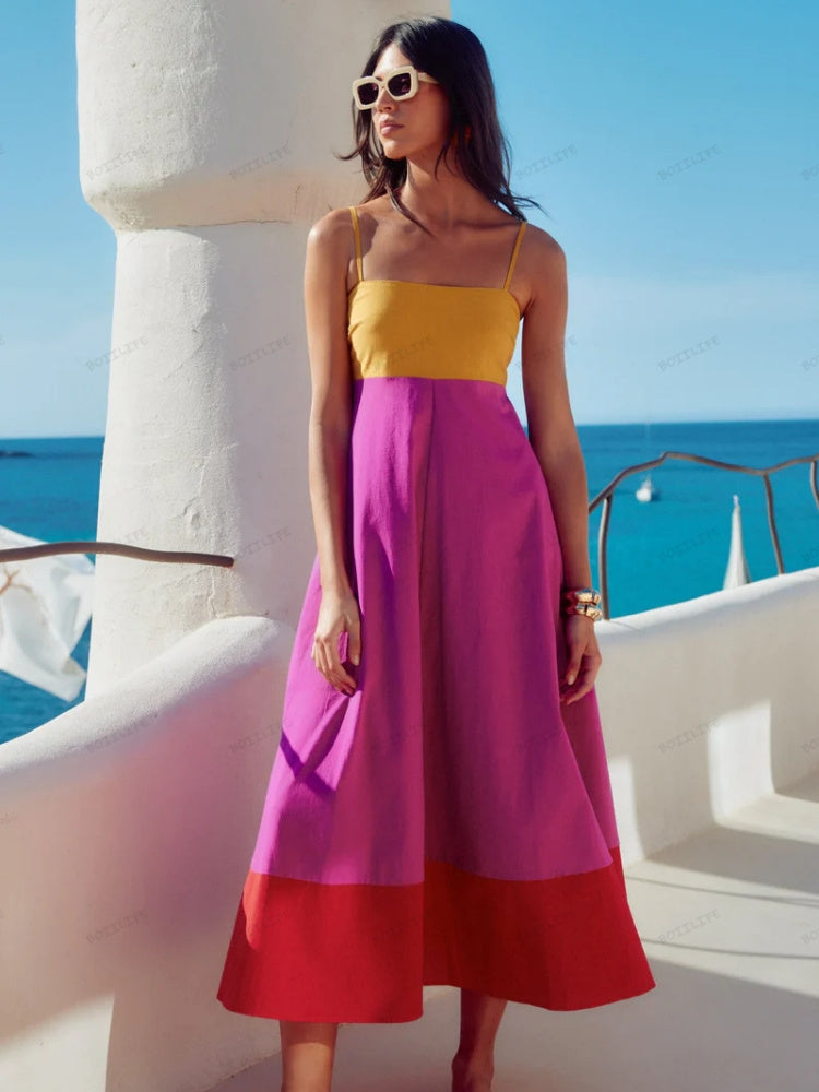 Women's Color Block Spaghetti Strap Summer Dress - VibreMode