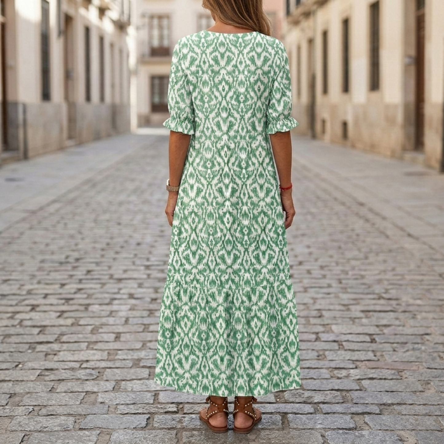 Maxi Dress Women Printed V Neck Half Sleeve