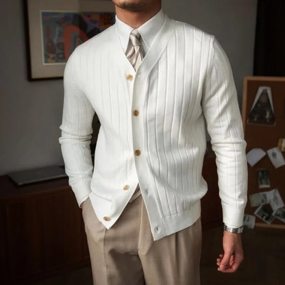 Men's Knit Cardigan Ribbed Button Up Casual Beige