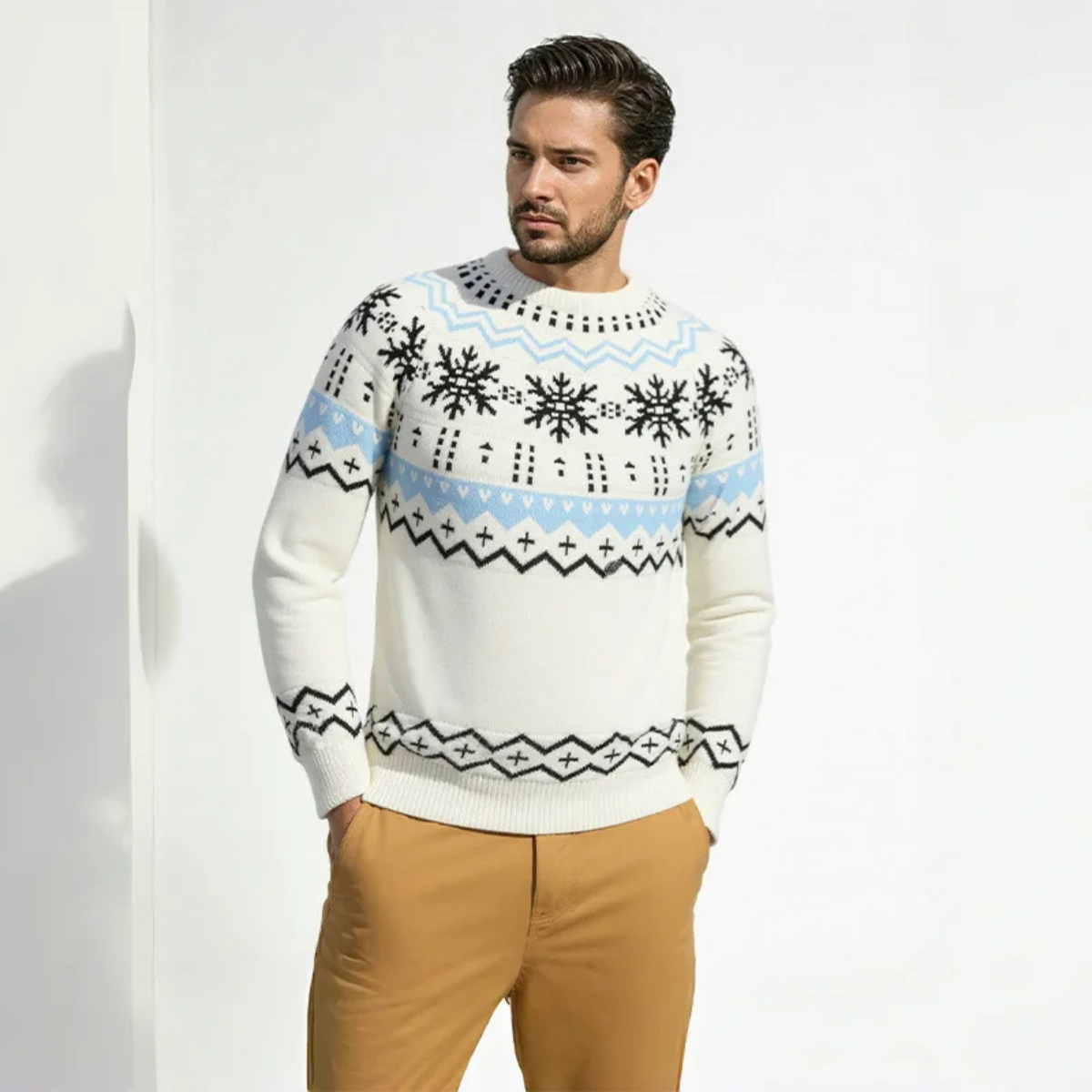 Men's Round Neck Snowflake Knit Christmas Sweater