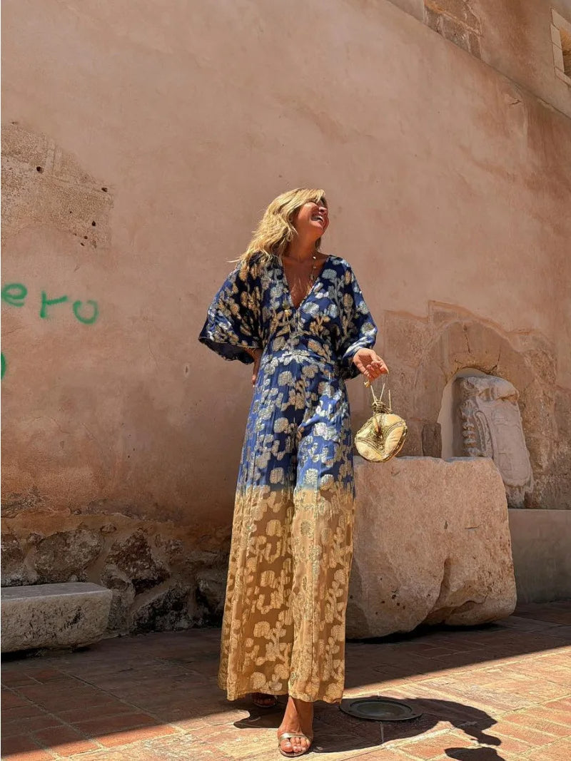 Women's V-Neck Backless Jumpsuit Gradient Print - VibreMode