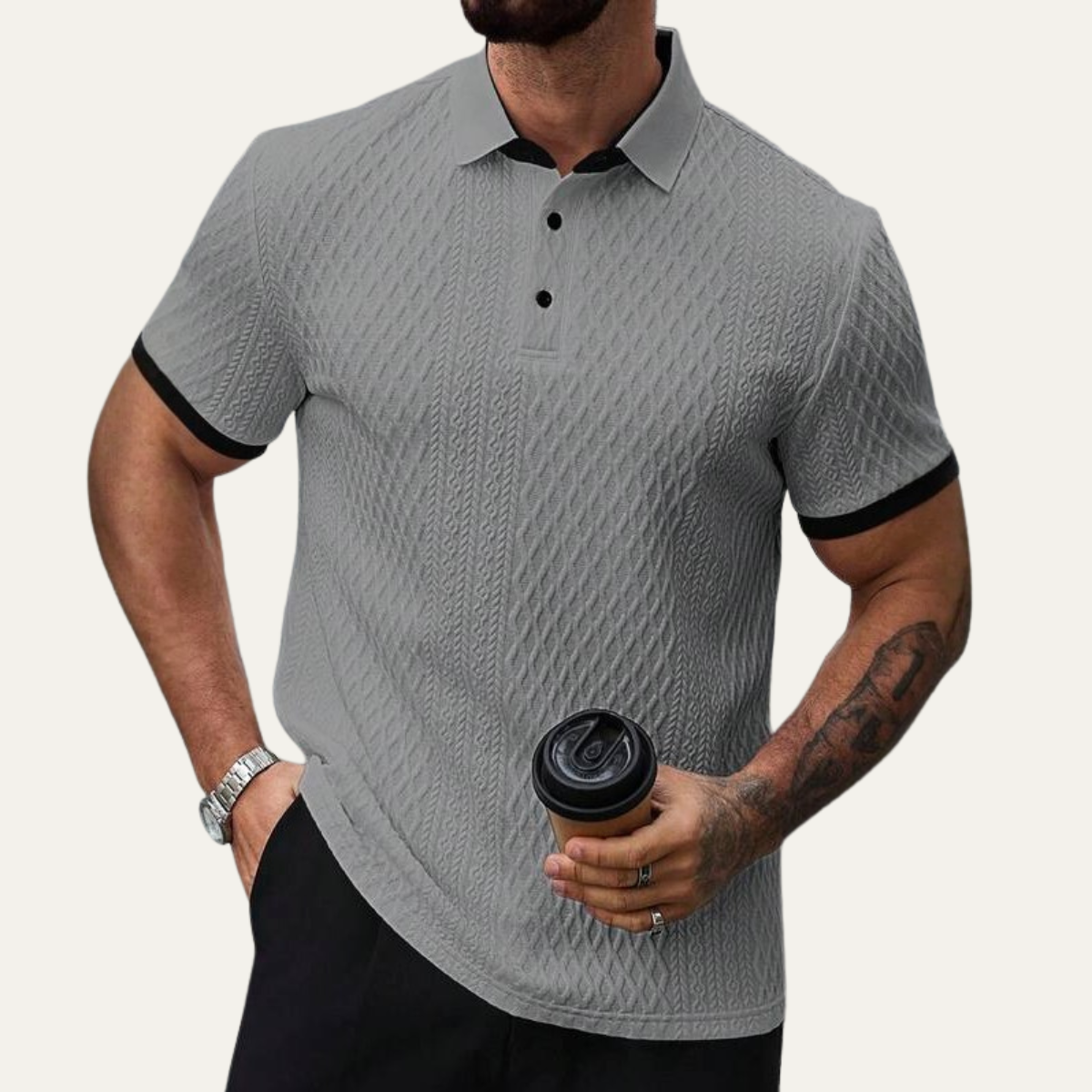 Men's Textured Polo Shirt Contrast Collar