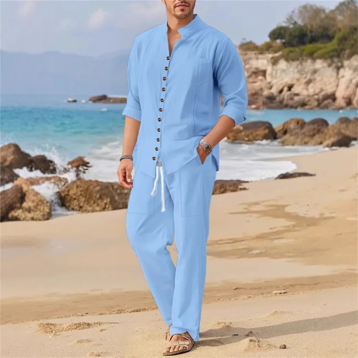 Men's Cotton Linen Two Piece Shirt Set