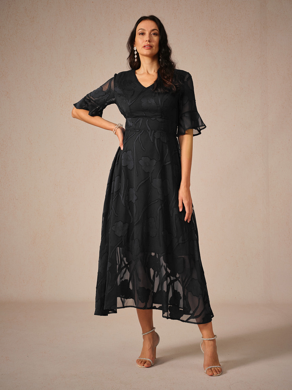 Women's Midi Dress Flutter Sleeves Lace Detailing - VibreMode