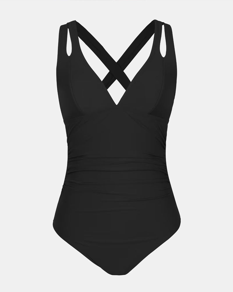 Women's One-Piece Swimsuit Deep V-Neck Double Straps Ruched Waist