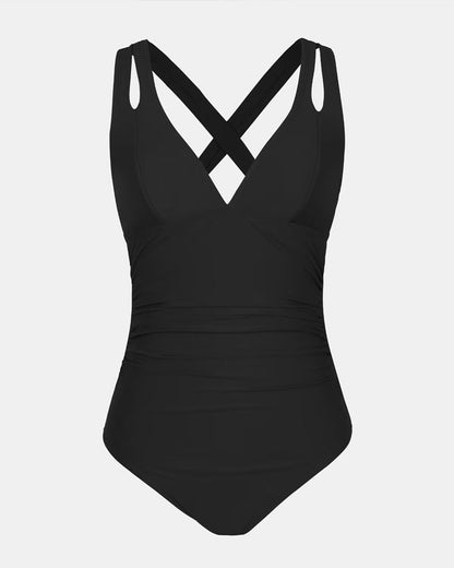 Women's One-Piece Swimsuit Deep V-Neck Double Straps Ruched Waist