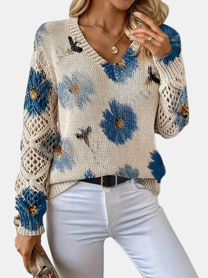 Women's V-Neck Sweater Floral Knit Pattern