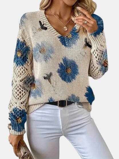 Women's V-Neck Sweater Floral Knit Pattern