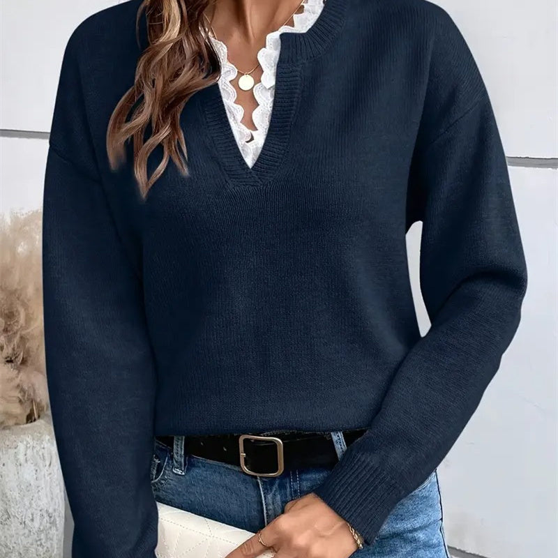 Women's V Neck Sweater Ribbed Trim