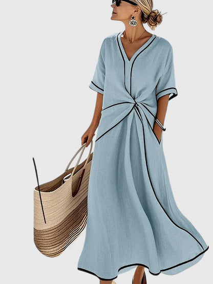 Elegant V Neck Tie Waist Midi Dress for Women