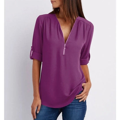 Pink Women's Casual V-Neck Short Sleeve Blouse Top