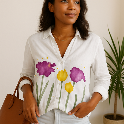 Women's V-Neck Floral Shirt Long Sleeve - VibreMode