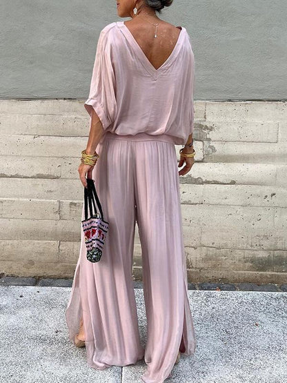 Green Women's V-Neck Flare Sleeve Loose Fit Jumpsuit Set