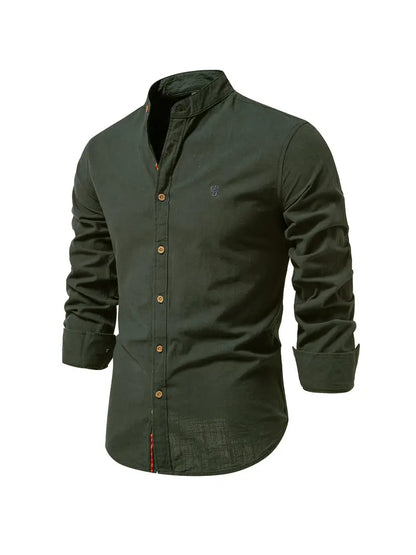 Men's Long Sleeve Button Shirt Band Collar White