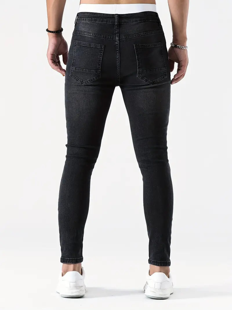 Men's Ripped Skinny Jeans Distressed Denim Dark Blue