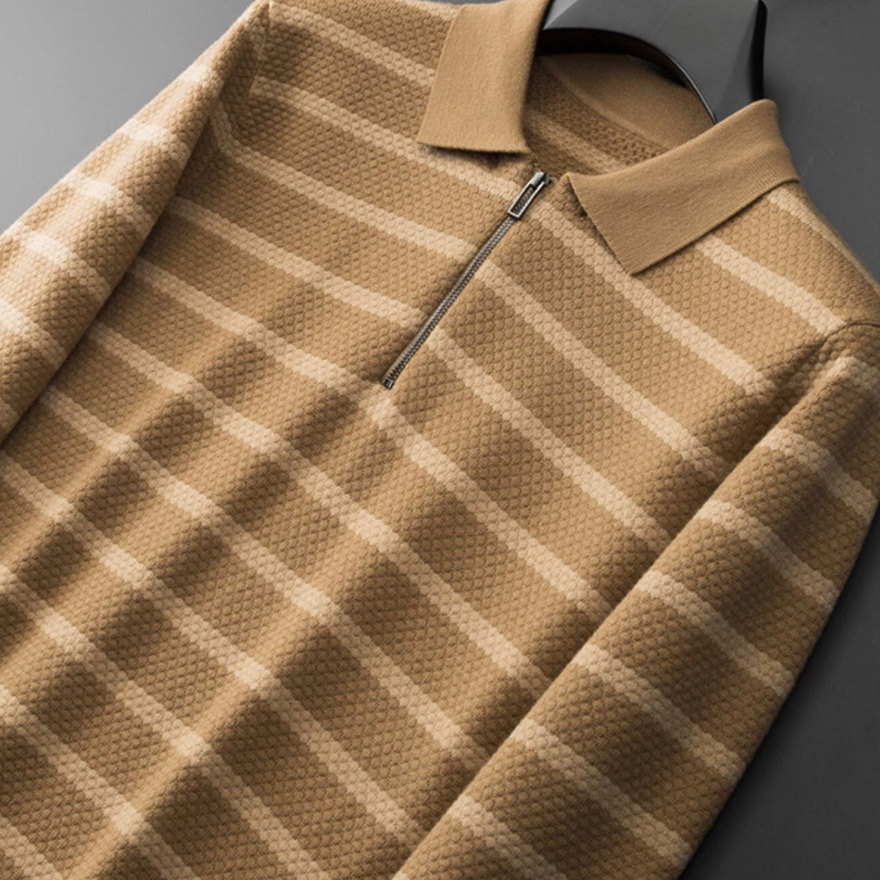 Men's Striped Polo Shirt Half-Zip Cotton