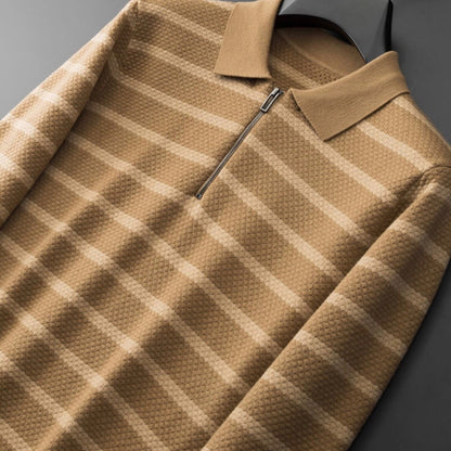 Men's Striped Polo Shirt Half-Zip Cotton