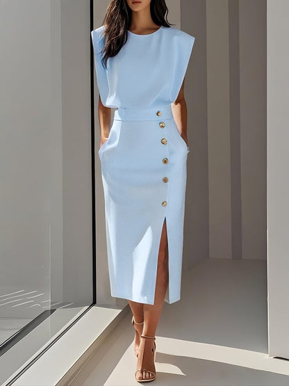 Elegant Ladies Cap Sleeveless Midi Dress