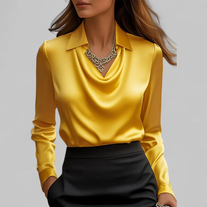Women's Long Sleeve Satin Blouse Draped Neck