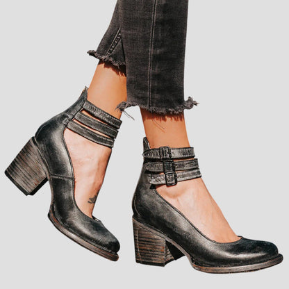 Women's Block Heel Sandals Textured Buckle Strap - VibreMode
