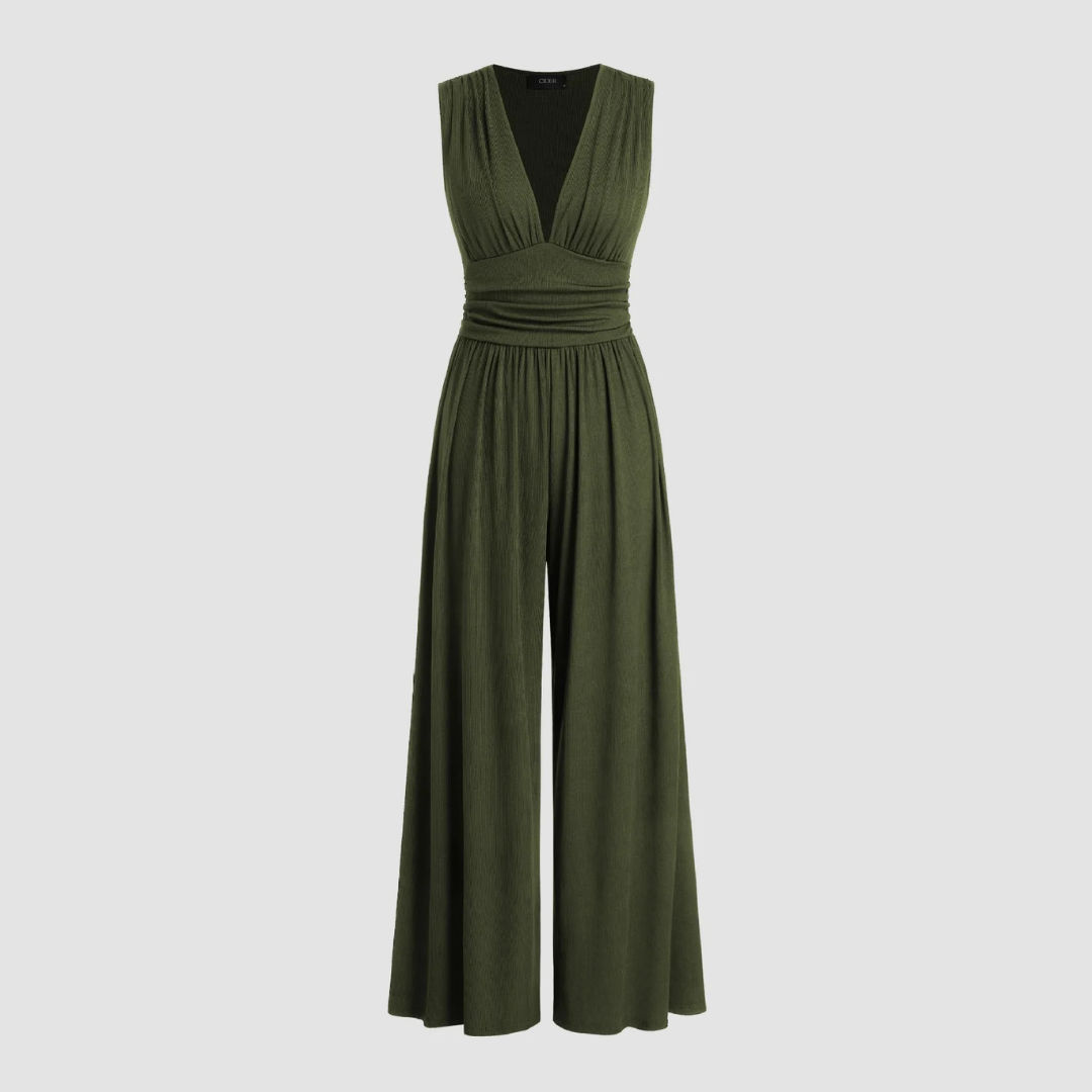 Women's Sleeveless Jumpsuit V-Neck Pleated Waist