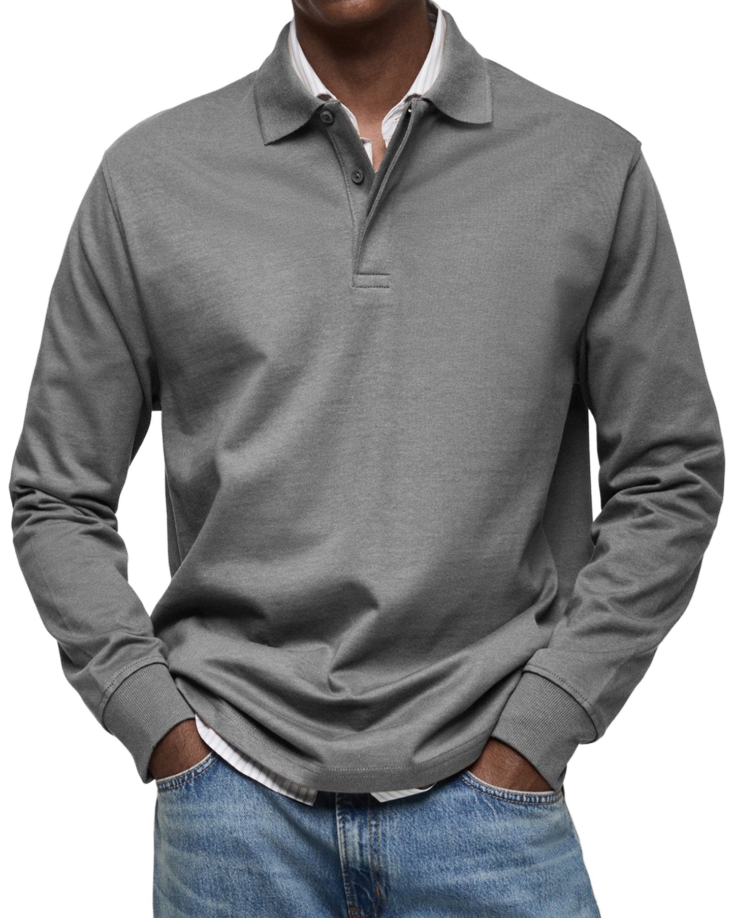 Men's Polo Shirt Long-Sleeve Button Placket Collar
