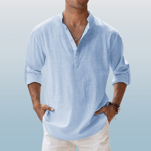 Men's Linen Blend Henley Shirt Long Sleeve Casual Beige