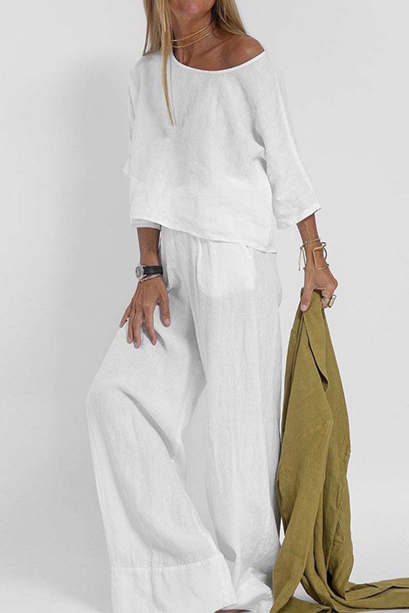 Women's Linen Two Piece Wide Leg Pants Set