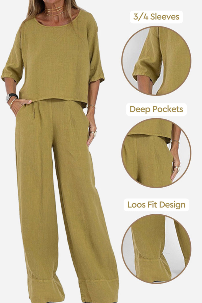 Women's Linen Two Piece Wide Leg Pants Set