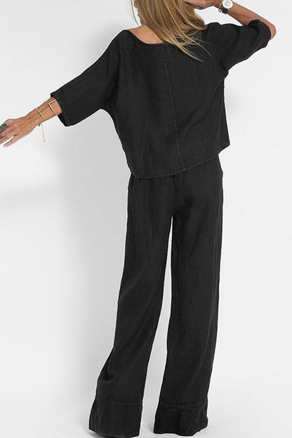 Women's Linen Two Piece Wide Leg Pants Set