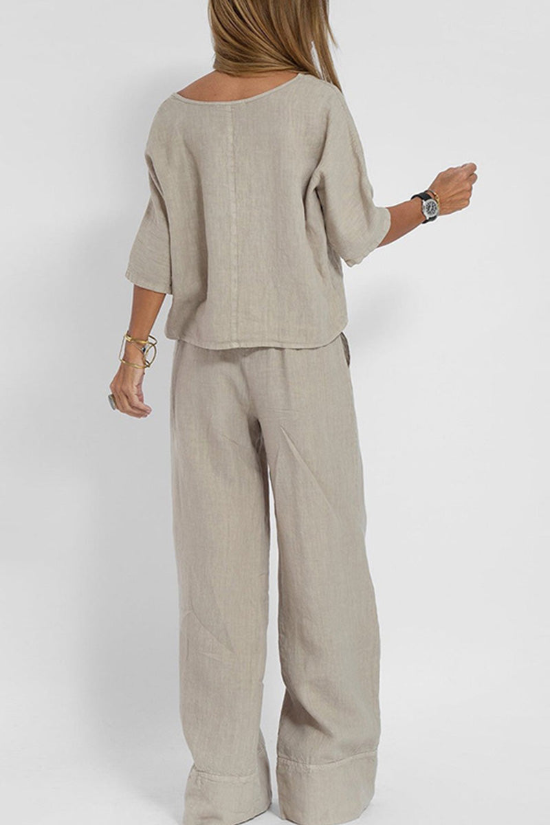 Women's Linen Two Piece Wide Leg Pants Set