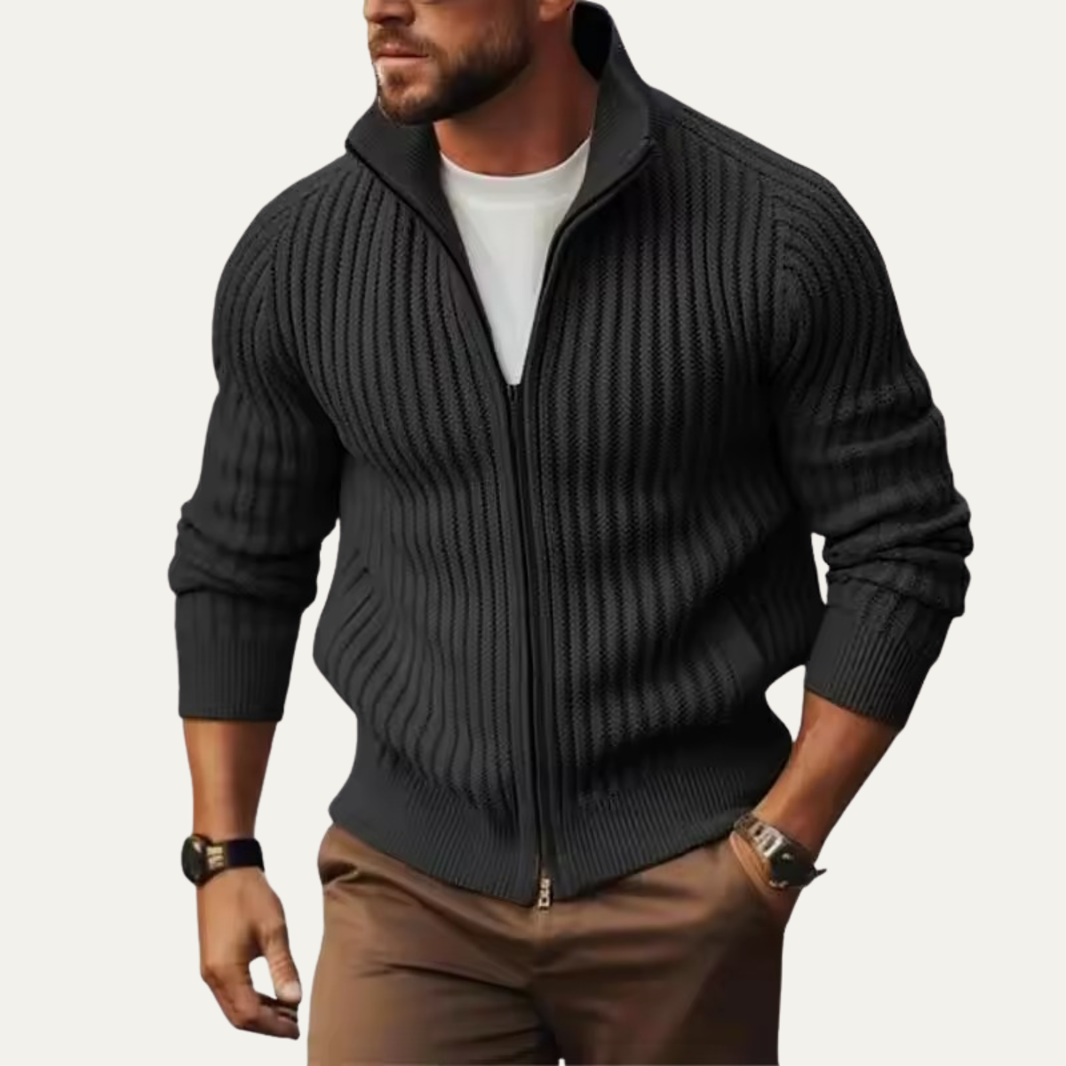 Men's Ribbed Knitted Cardigan Zip Up