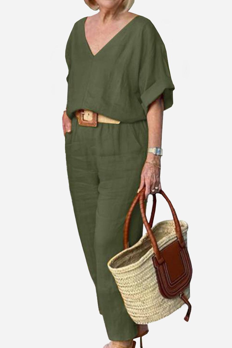 Women's Chic V-Neck Blouse and Slim Fit Pants Set