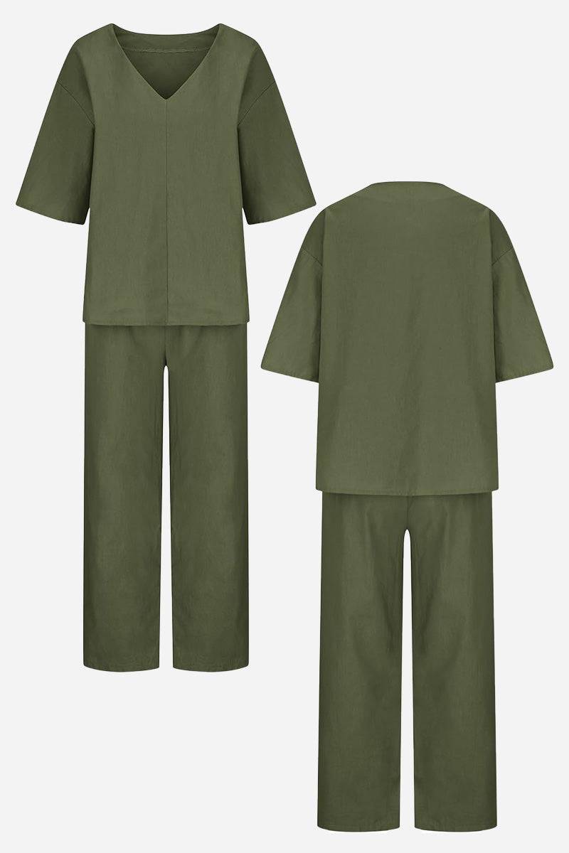 Women's Chic V-Neck Blouse and Slim Fit Pants Set