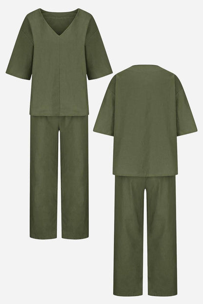 Women's Chic V-Neck Blouse and Slim Fit Pants Set