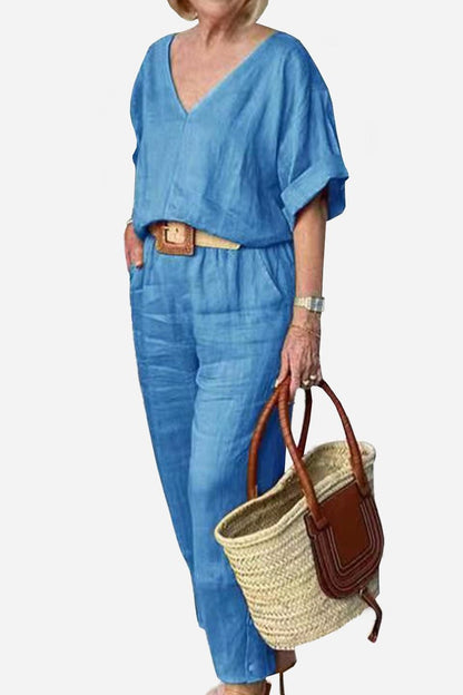 Women's Chic V-Neck Blouse and Slim Fit Pants Set