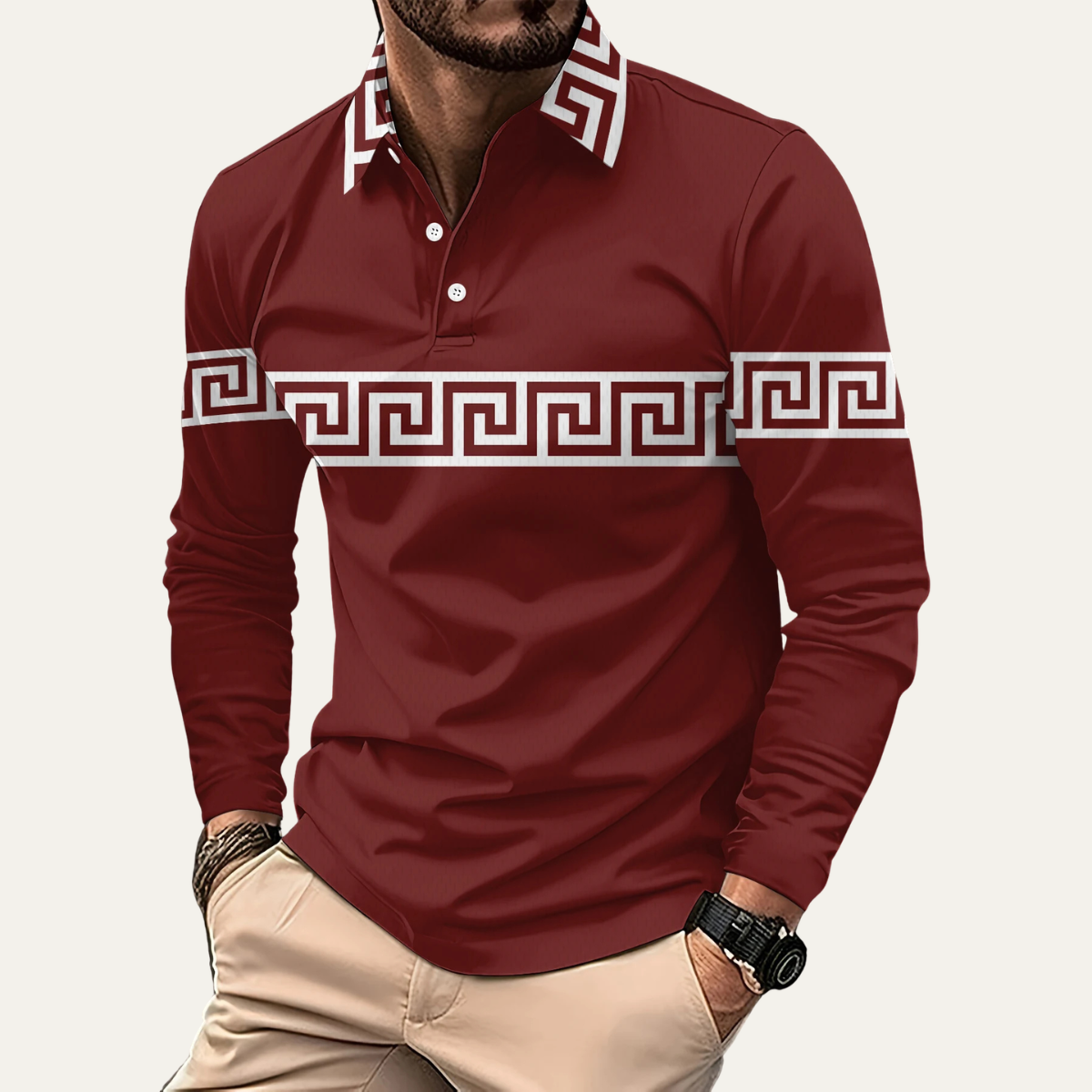 Men's Polo Shirt Greek Key Print Lightweight