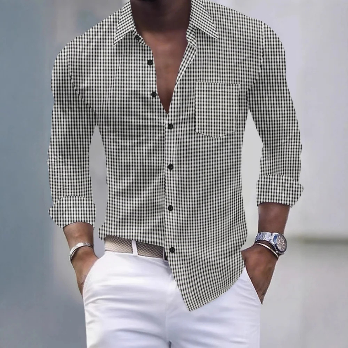 Men's Slim Fit Gingham Shirt Long Sleeve Button Down