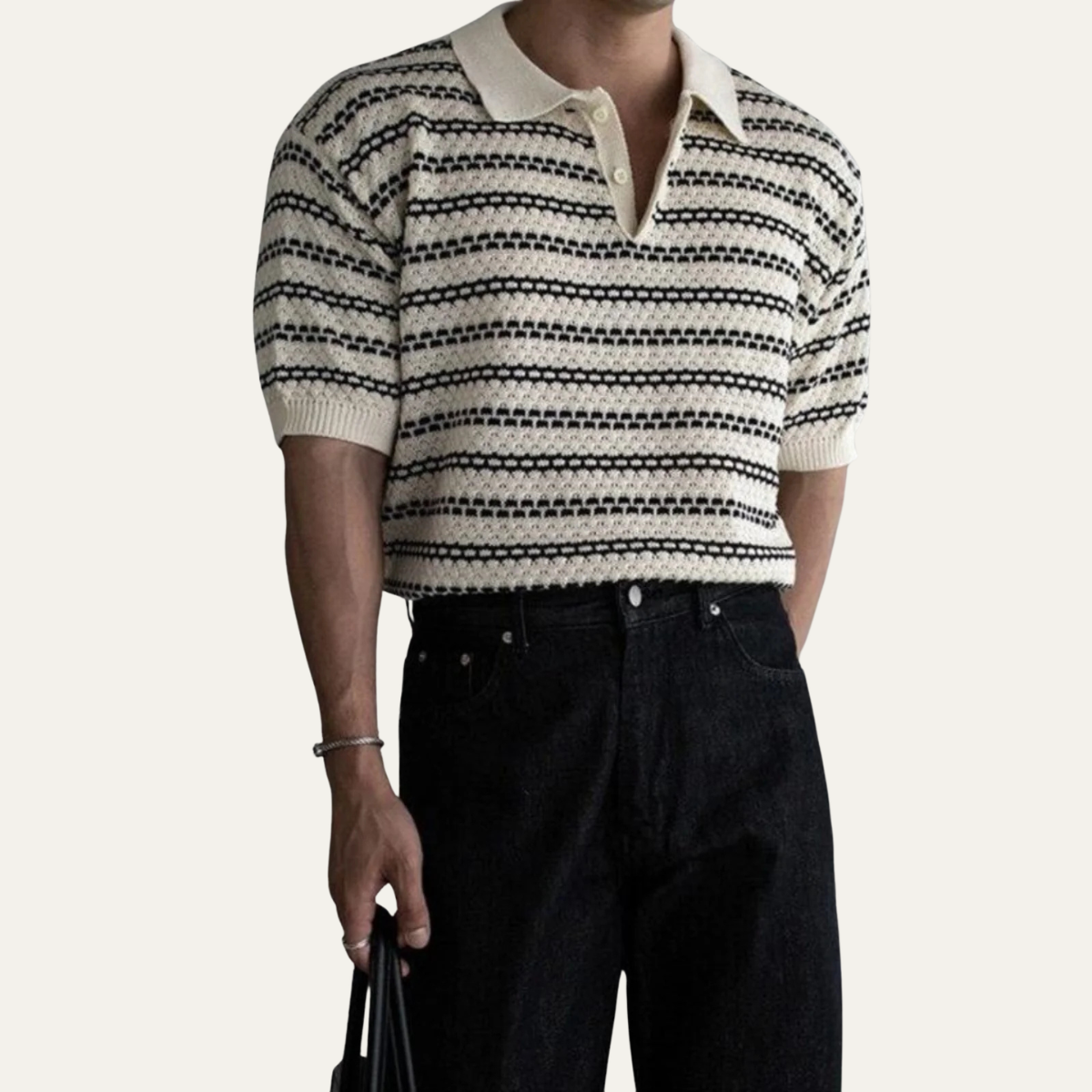 Men's Striped Knit Polo Shirt Turn Down Collar