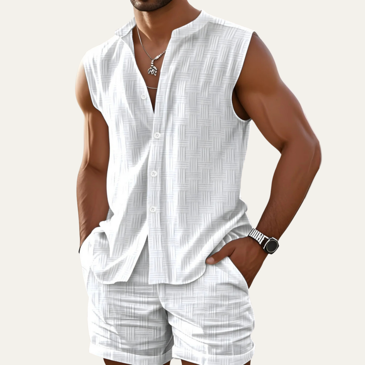 Men's Sleeveless Button Up Shirt And Shorts Set